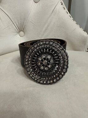 Fossil Black Women's Belt with Rhinestone Medallion Buckle